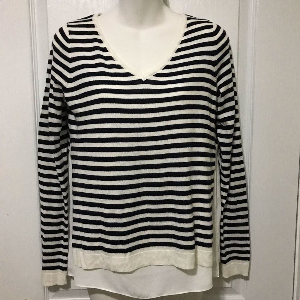 Striped V-Neck Sweater - Black and White
